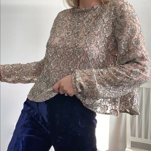 Vintage Lace Top Beaded Sequins Sequence Vintage Taupe Open Back Medium Holiday